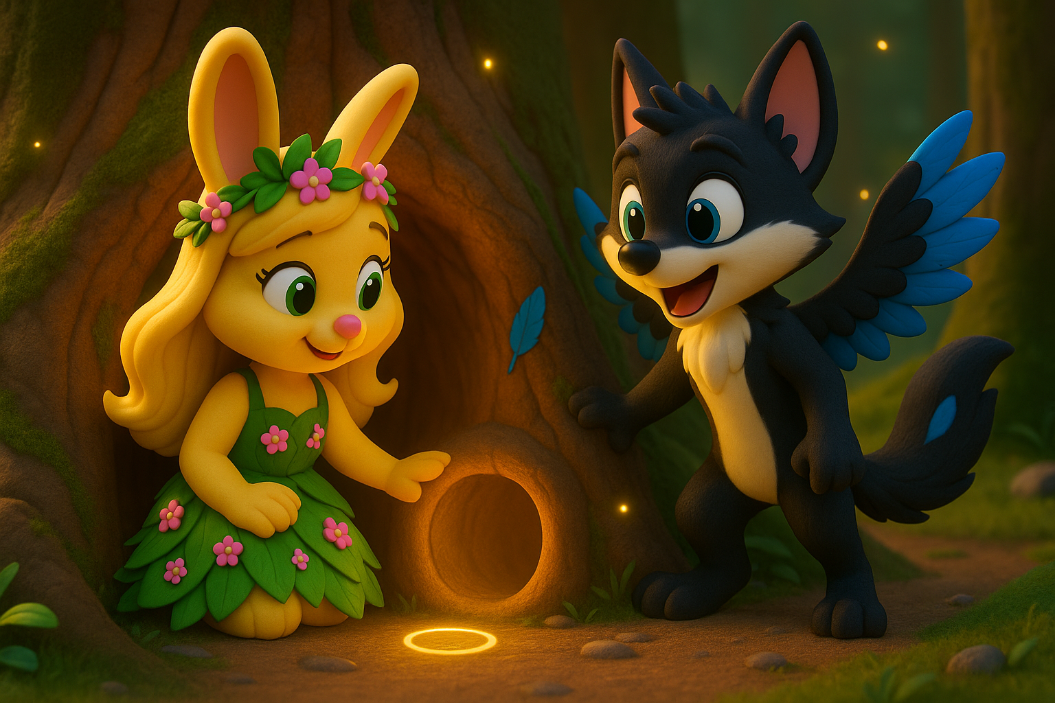 3D cartoon scene with Leafy at a glowing hollow stump lit by fireflies. A feather is snagged on splinters. Paths branch to a short tunnel and an open windy trail. Max looks thoughtful. Soft cinelike lighting and bold outlines. Aspect ratio sixteen by nine.