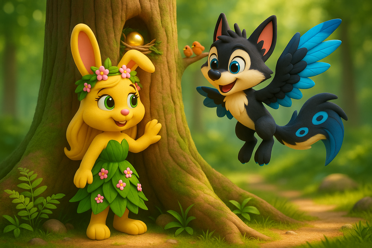 3D cartoon of Leafy touching a tall warm tree while Max circles slowly. High above a crown shaped nest gleams. Birds perch nearby ready to help. Soft golden light through leaves. Saturated colors and clean lines. Aspect ratio sixteen by nine.