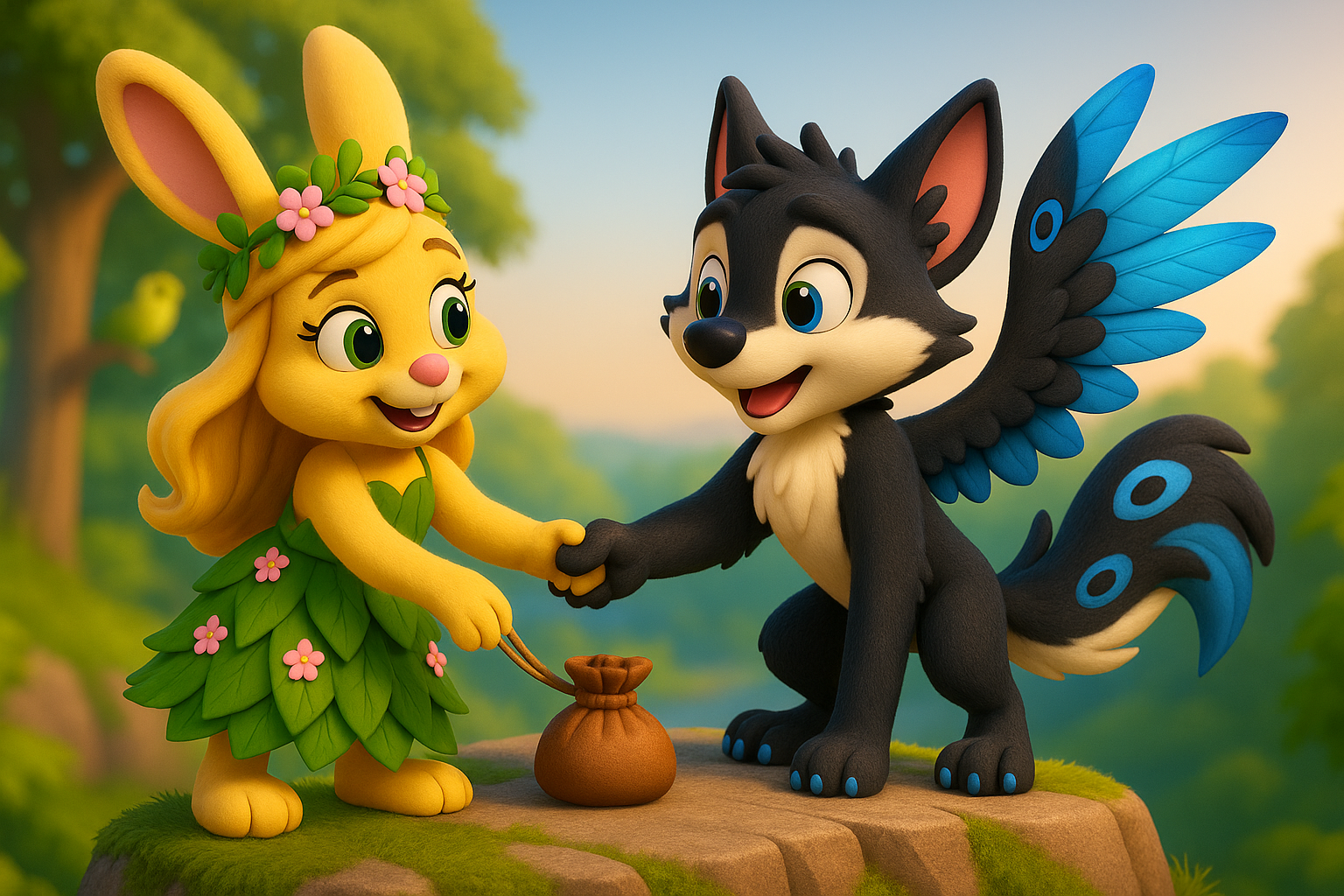 3D cartoon ending frame. Leafy and Max smile on a safe rocky ledge with soft wind and wide view. The pouch sits under a flat stone now found. Colors are bright and warm with soft ambient light. Add a small thank you gesture to the wind. Aspect ratio sixteen by nine.