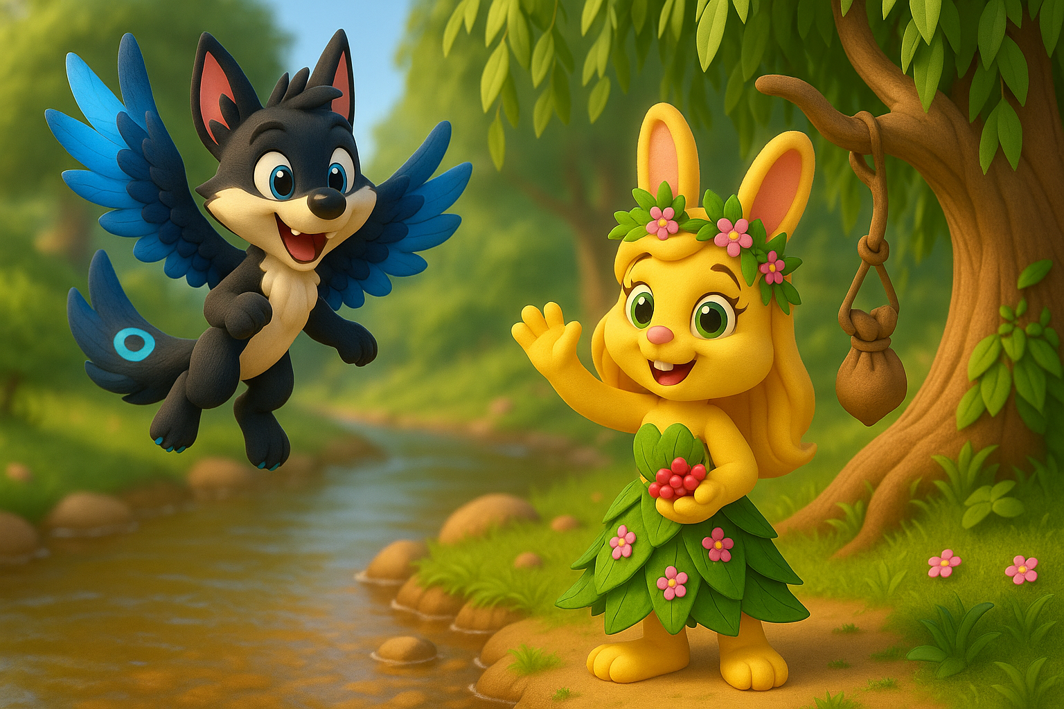 3D cartoon aerial feel. Max glides above a willow bend while Leafy waves from the bank. The pouch hangs on a wooden hook. Show soft reflections on water. Kind colors and gentle depth. Aspect ratio sixteen by nine.