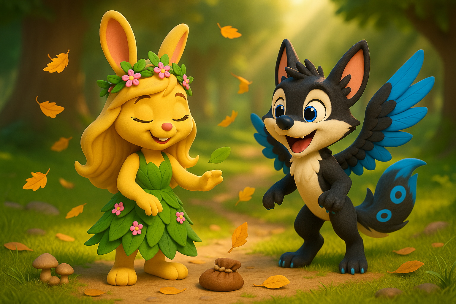 3D cartoon with playful wind swirl lifting leaves. Leafy speaks kindly to the breeze. A small pouch rests near a mushroom ring. Max grins with wonder. Soft light and saturated colors. Aspect ratio sixteen by nine.