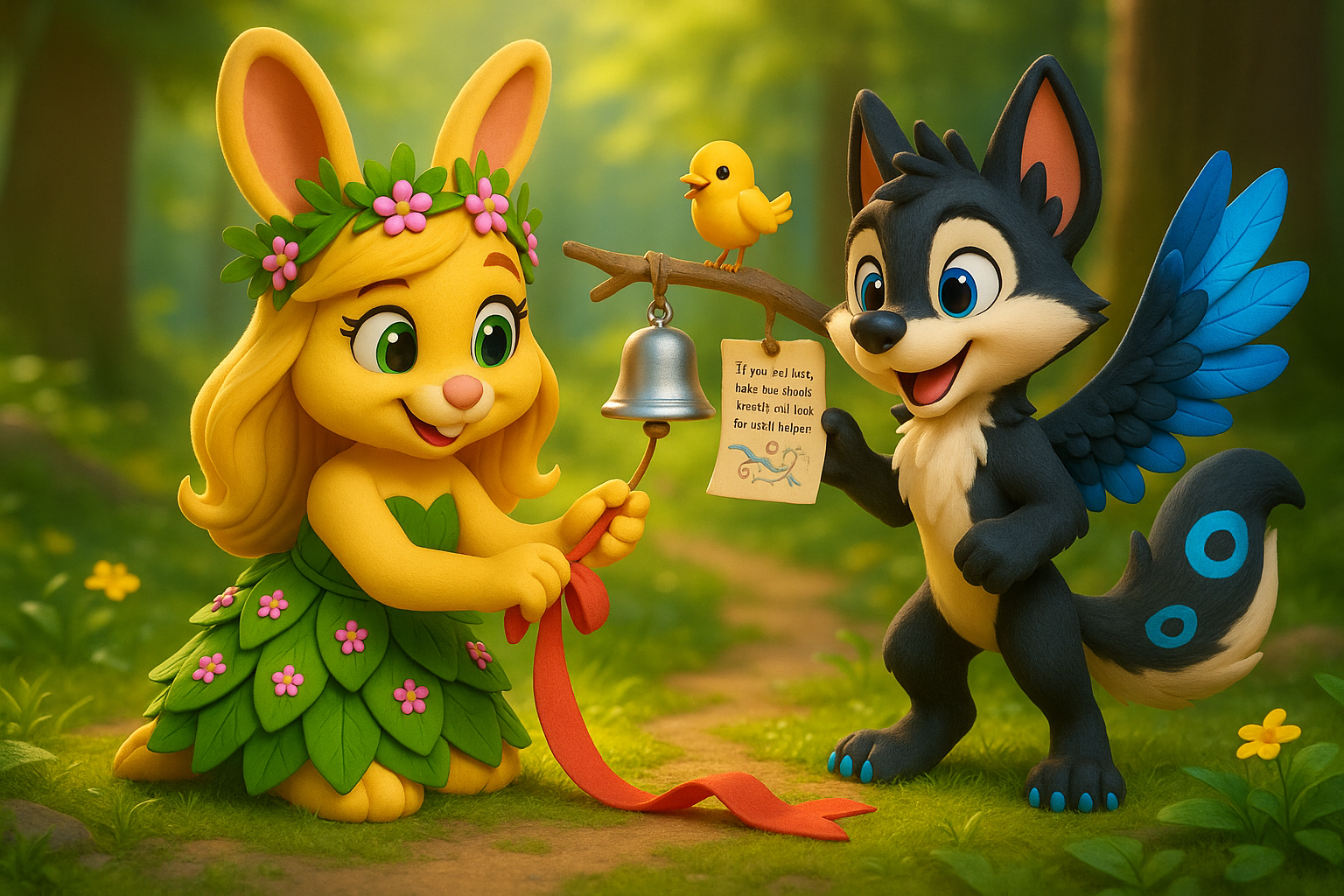 3D cartoon ending. Max and Leafy climb a small branch ladder from a kind tall tree to reach a pouch in a twig cradle. Warm honey light and calm smiles. Aspect ratio sixteen by nine.