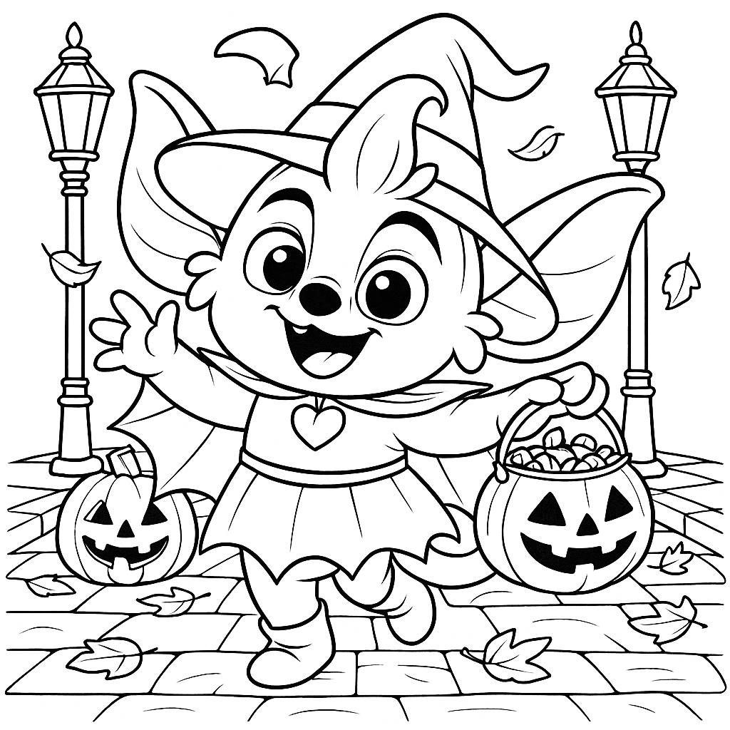 Black and white line art of Pixie trick or treating on a cobblestone street, wearing a witch hat and cape, holding a pumpkin candy bucket, with street lamps and pumpkins in the background.