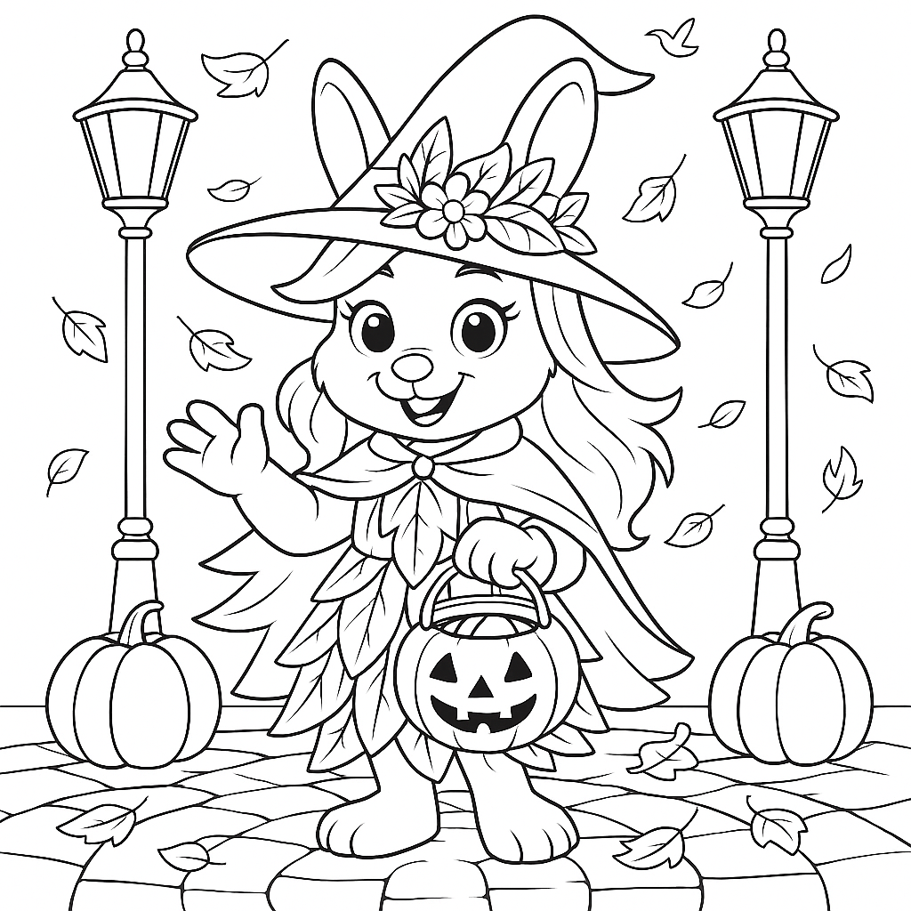Black-and-white line art of Leafy the bunny in a leafy witch hat and cape, smiling and waving while holding a pumpkin candy bucket on a cobblestone street with pumpkins and vintage street lamps.
