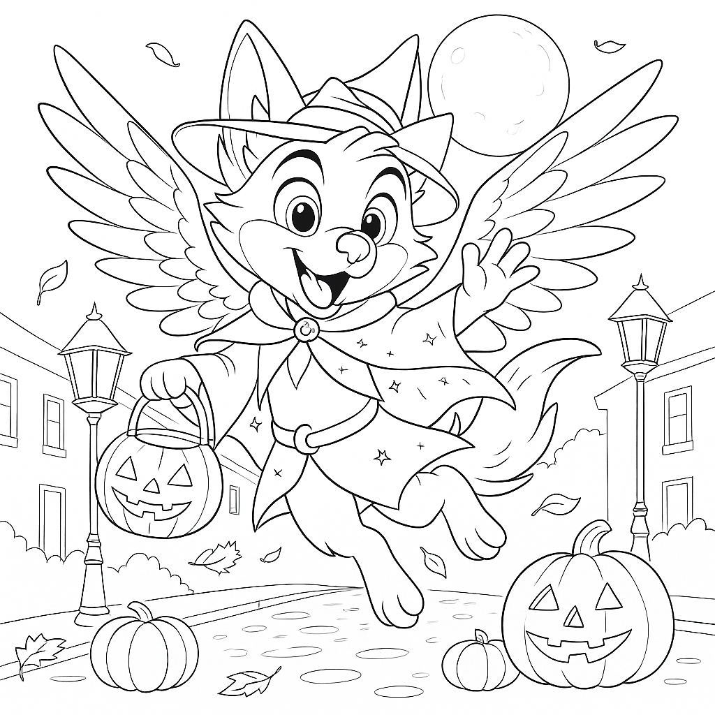 Black-and-white line art of Max, a cheerful winged fox in a starry Halloween cape and hat, flying above a cosy street while carrying a jack-o’-lantern candy bucket; pumpkins, street lamps, and falling leaves below.