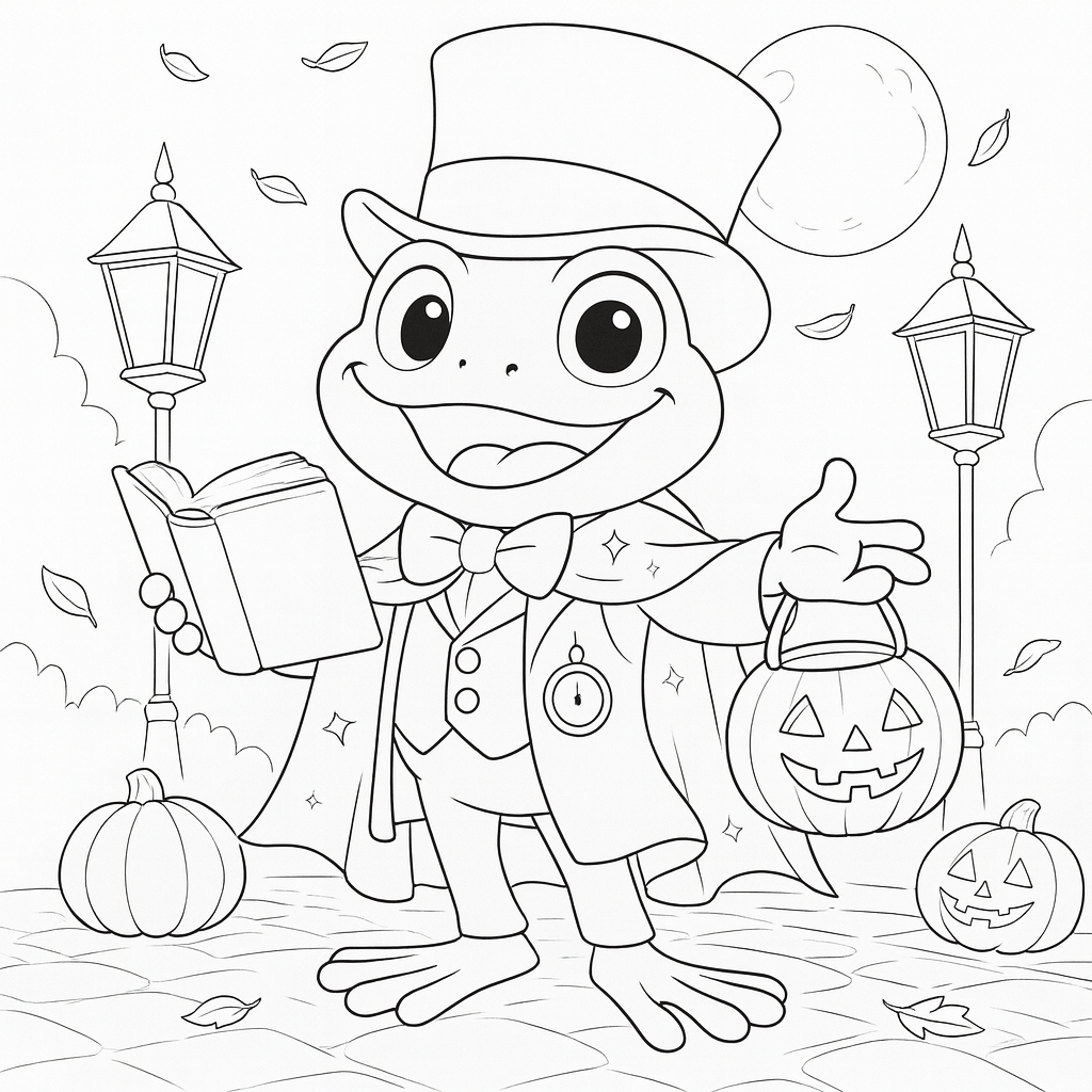 Black-and-white line art of Junior the frog wearing a top hat, bow tie, and starry cape, smiling while holding an open book and a jack-o’-lantern bucket on a cobblestone street with pumpkins and vintage street lamps.