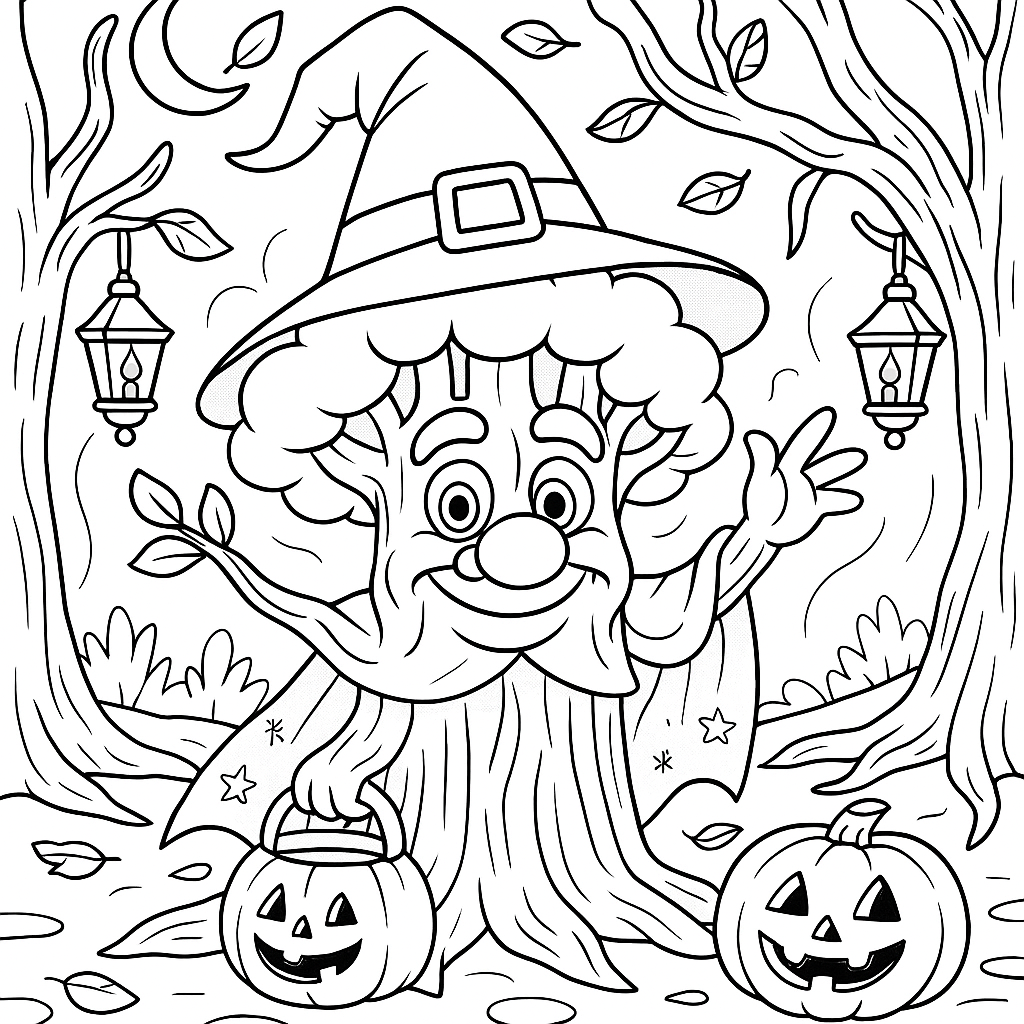 Black-and-white line art of Alderwise, a smiling tree character in a pointed hat and cape, standing in a moonlit forest with hanging lanterns, falling leaves, and two jack-o’-lanterns.