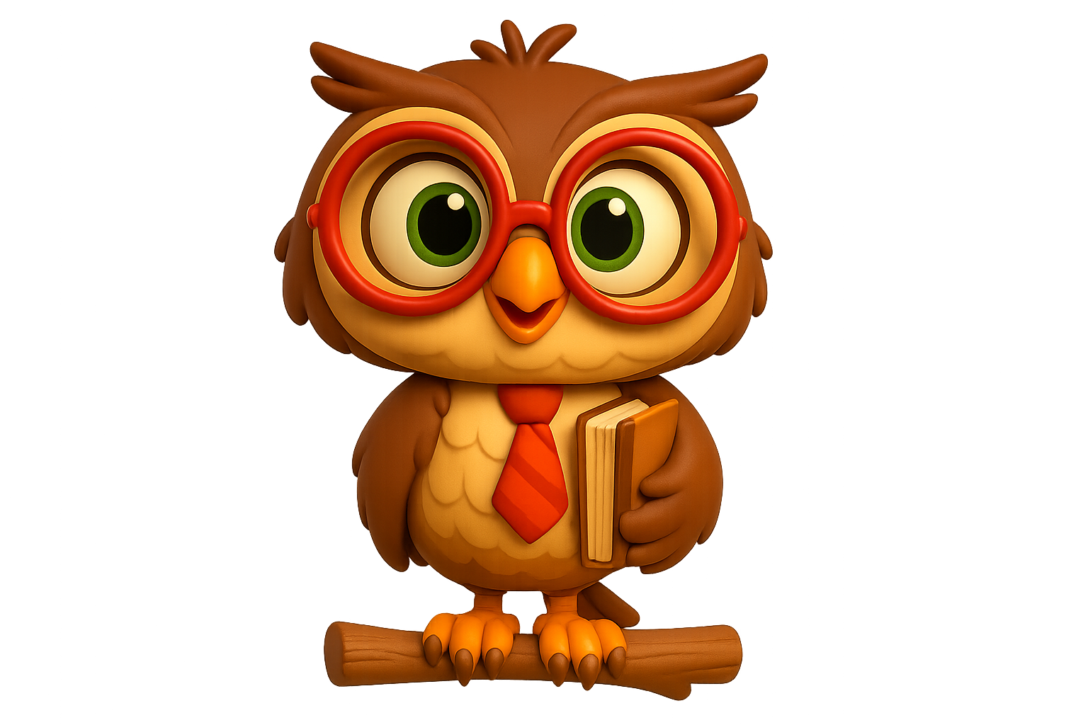 Brown cartoon owl wearing glasses and tie, perched on a branch, holding a book.