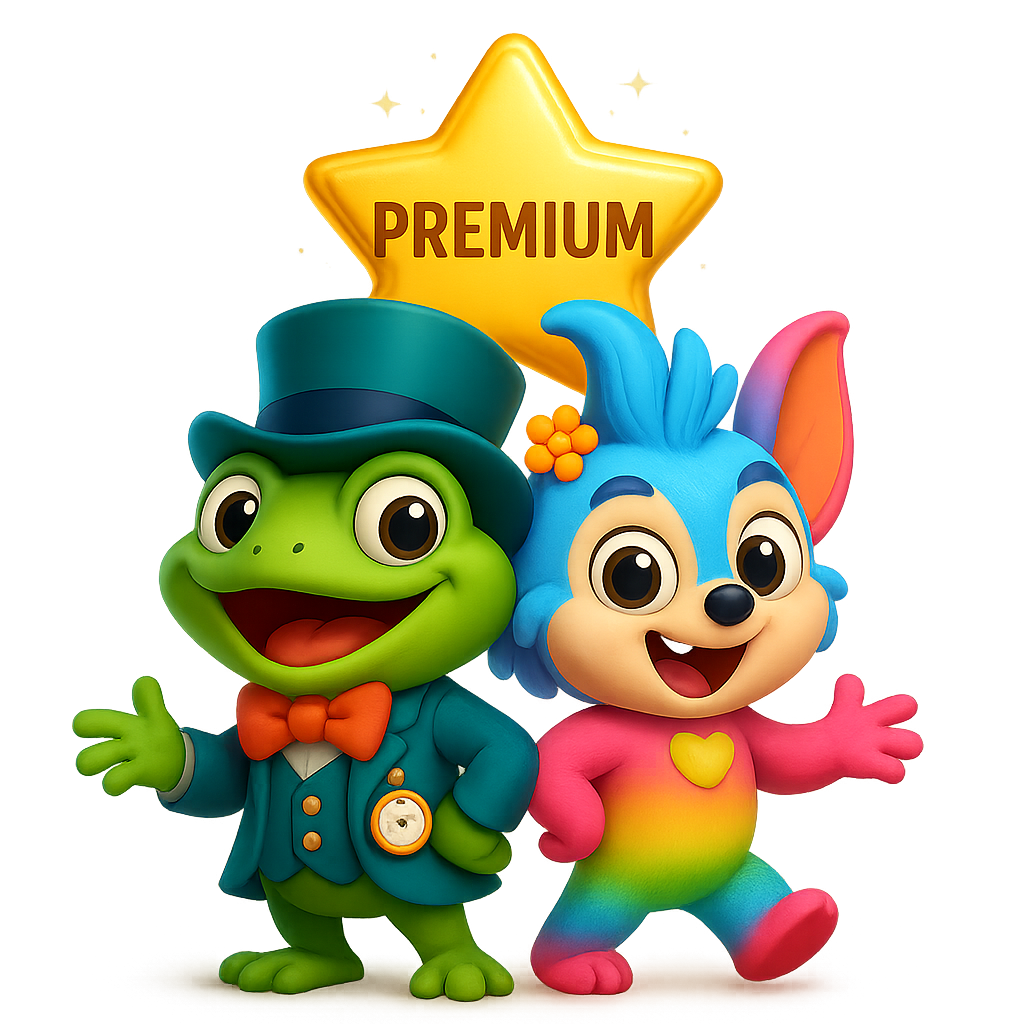 Cartoon frog and colorful creature smiling, with a 
