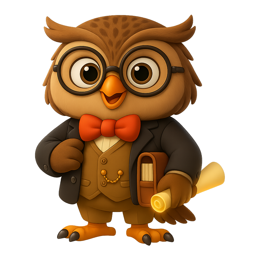 Cartoon owl professor, wearing glasses, bow tie, and suit, holding books and a scroll.