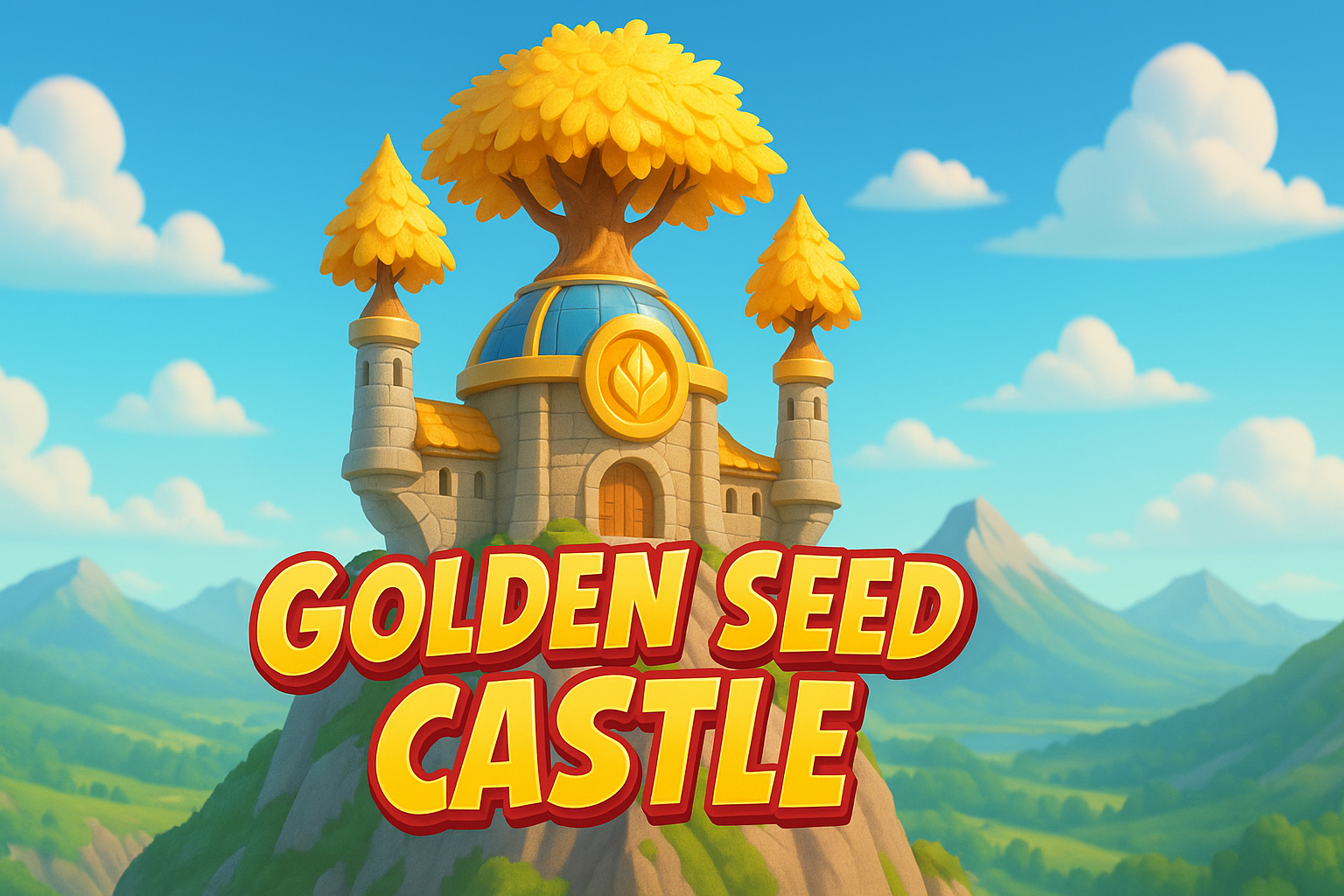 Illustration of the Golden Seed Castle atop a glowing mountain peak, with golden trees and a radiant central spire.