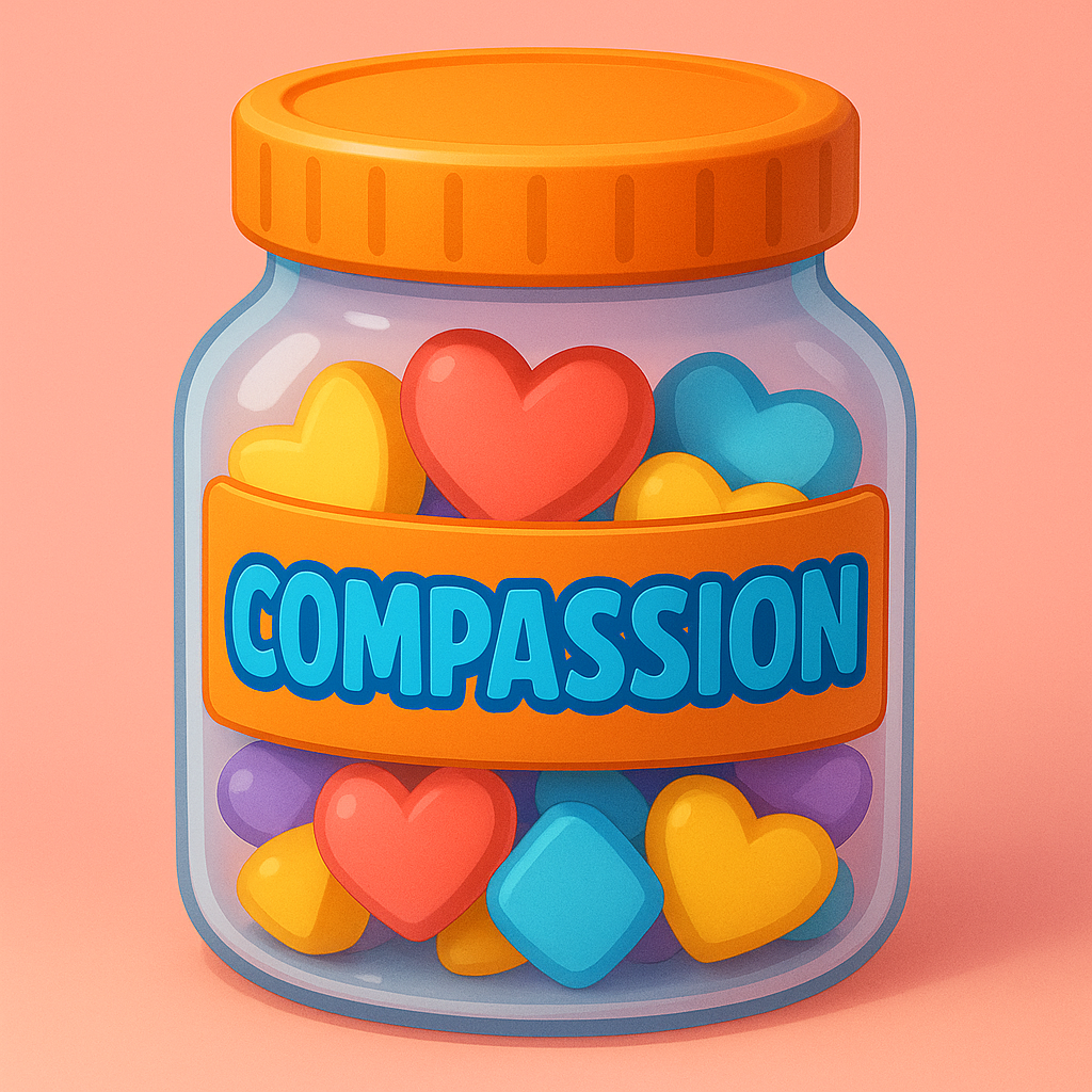 3D cartoon &ldquo;Compassion Jar&rdquo; filled with heart-shaped and colorful pieces, part of the Tiny Tales Land Compassion Jar game.