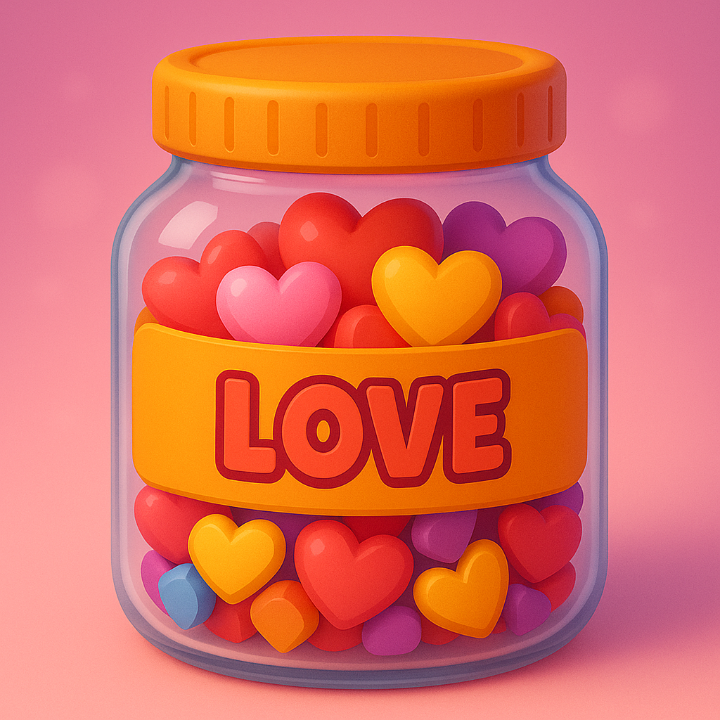 3D cartoon &ldquo;Love Jar&rdquo; filled with bright hearts and warm shapes, part of the Tiny Tales Land Love Jar game.