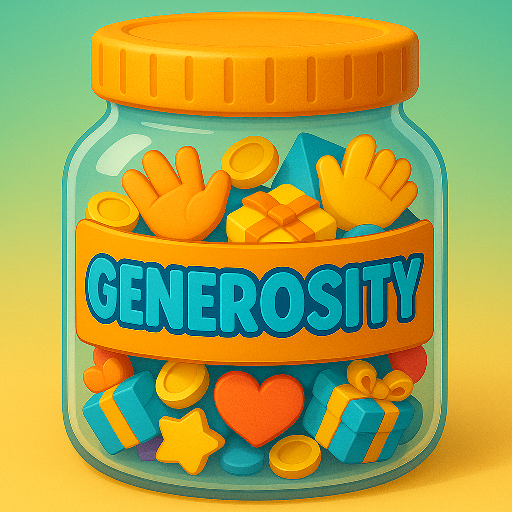 3D cartoon &ldquo;Generosity Jar&rdquo; filled with coins, gift shapes, and pastel hands, part of the Tiny Tales Land Generosity Jar game.