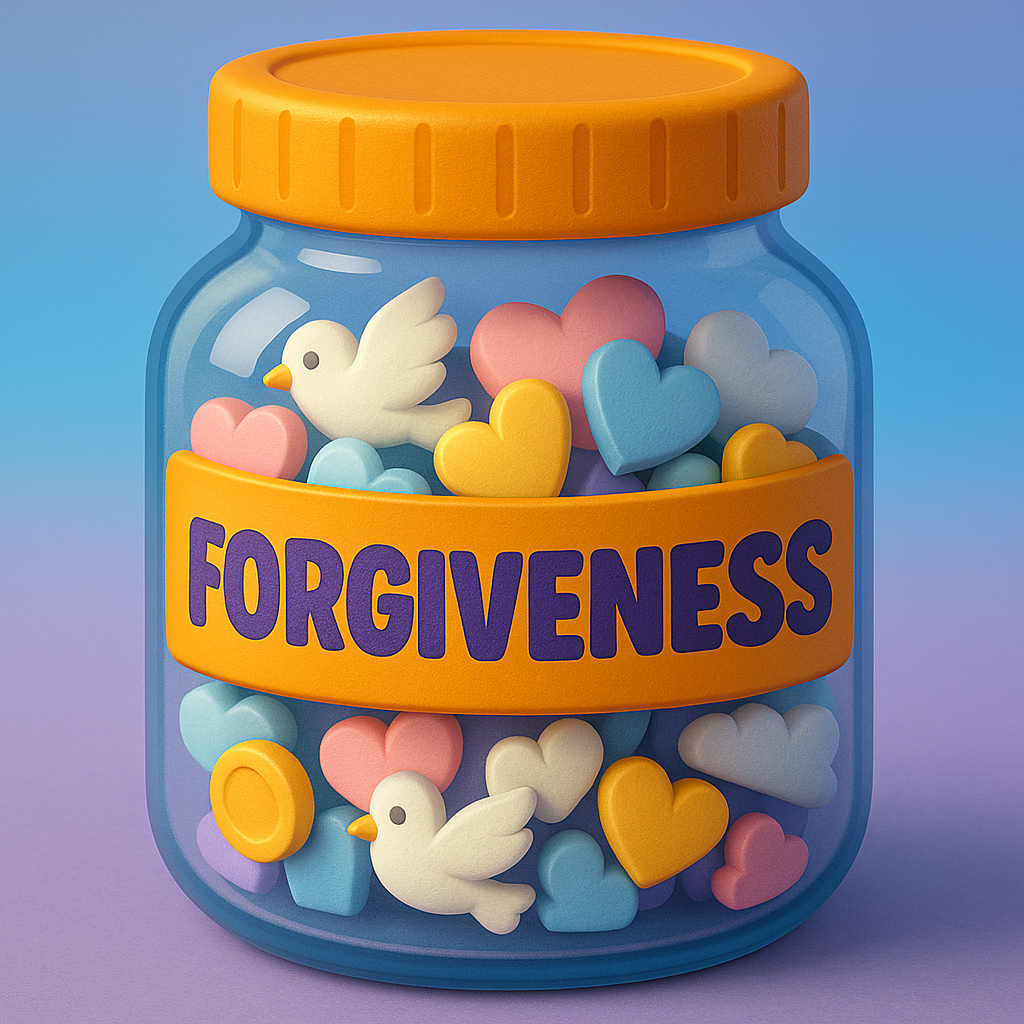 3D cartoon &ldquo;Forgiveness Jar&rdquo; filled with doves, hearts, and soft cloud shapes, part of the Tiny Tales Land Forgiveness Jar game.