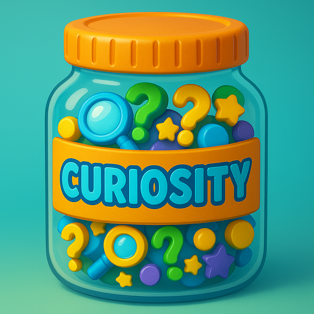 3D cartoon &ldquo;Curiosity Jar&rdquo; filled with question marks, magnifying glasses, and bright shapes, part of the Tiny Tales Land Curiosity Jar game.