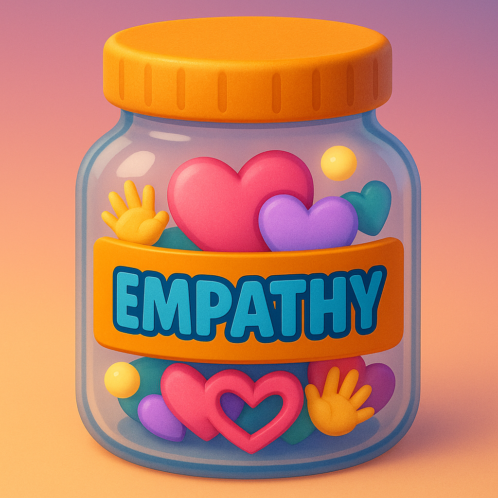 3D cartoon &ldquo;Empathy Jar&rdquo; filled with interlocking hearts, soft handprints, and glowing orbs, part of the Tiny Tales Land Empathy Jar game.
