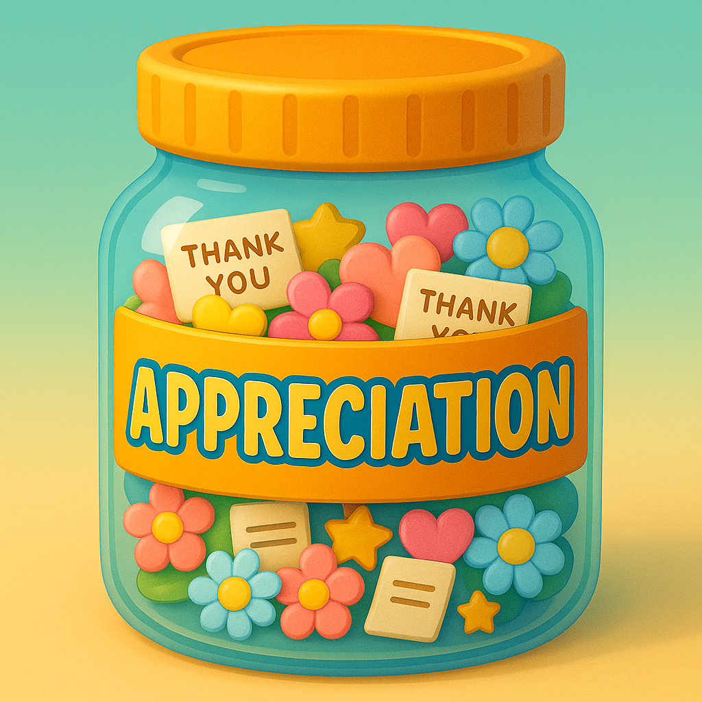 3D cartoon &ldquo;Appreciation Jar&rdquo; filled with thank-you notes, flowers, and stars, part of the Tiny Tales Land Appreciation Jar game.