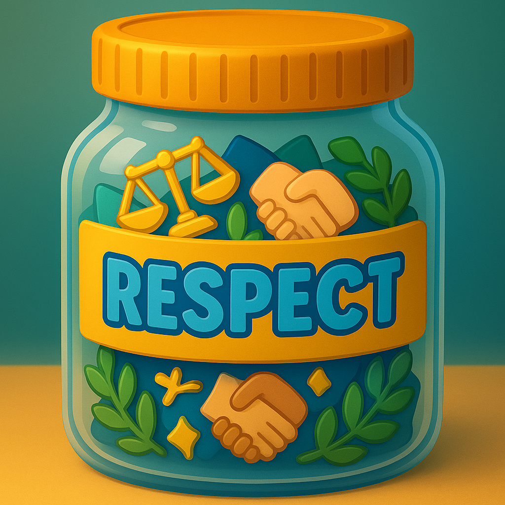 3D cartoon “Respect Jar” filled with scales, handshake shapes, and laurel leaves, part of the Tiny Tales Land Respect Jar game.