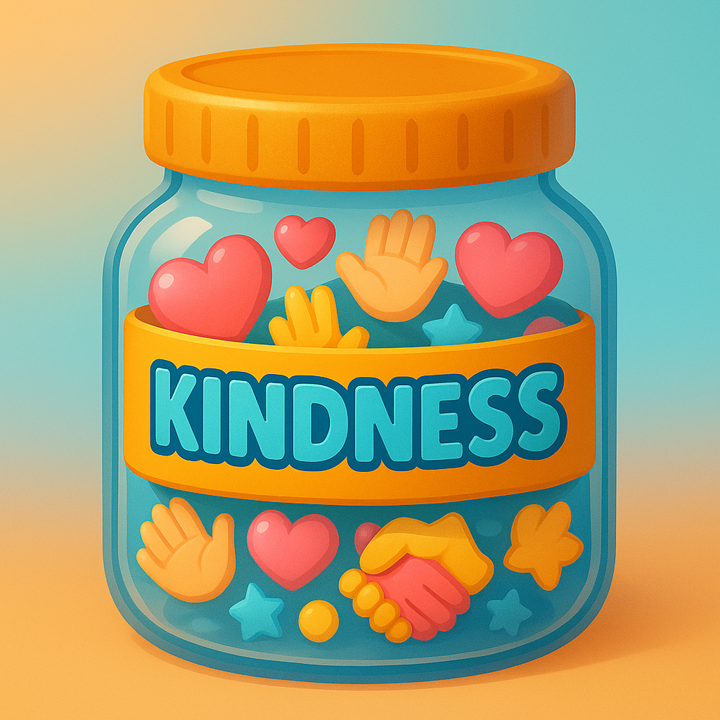 3D cartoon “Kindness Jar” filled with helping hands, hearts, and cheerful stars, part of the Tiny Tales Land Kindness Jar game.