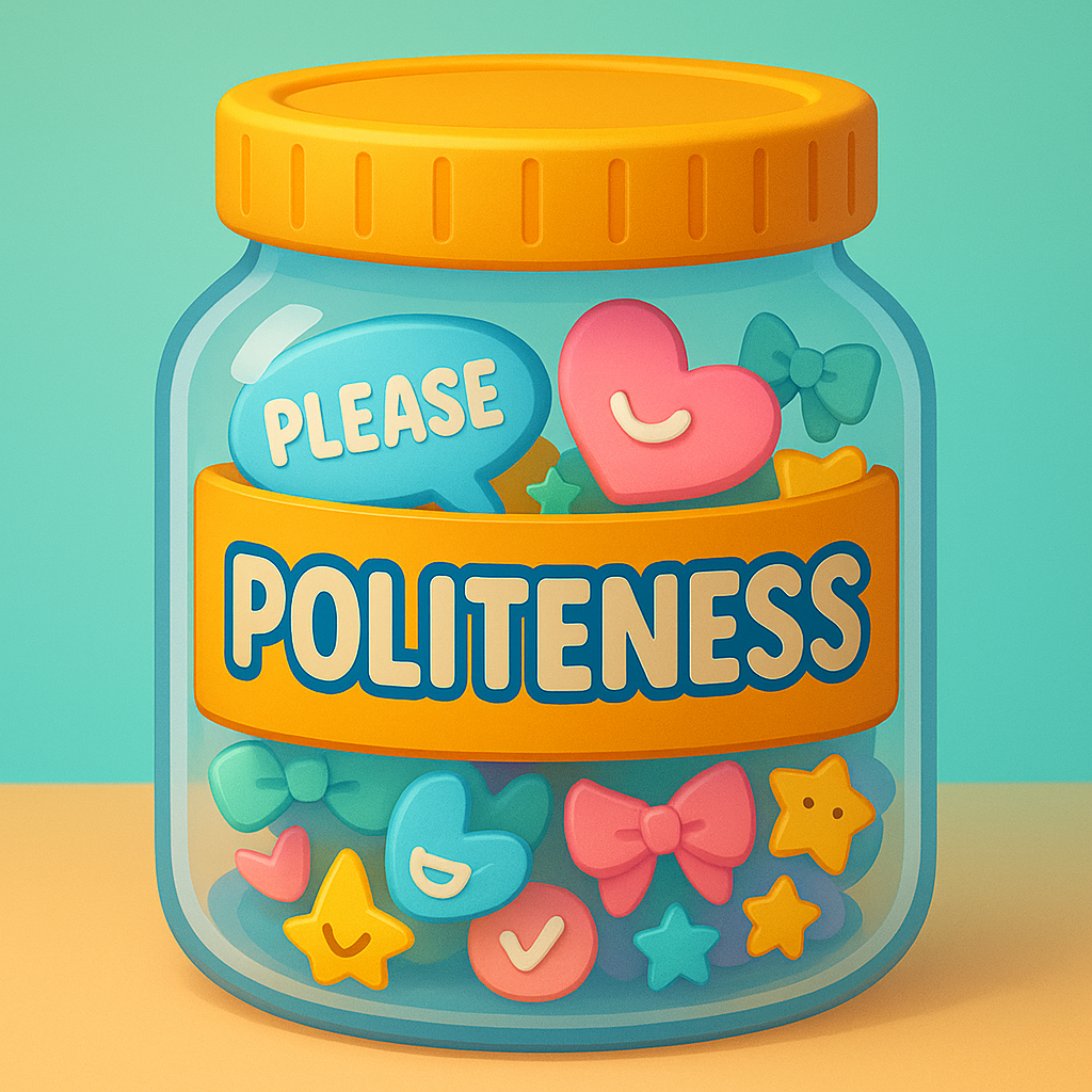 3D cartoon “Politeness Jar” filled with speech bubbles, bows, and cheerful stars, part of the Tiny Tales Land Politeness Jar game.