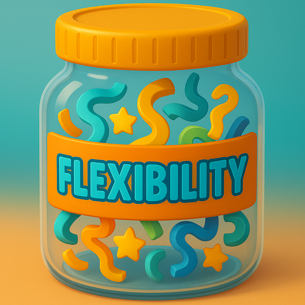 3D cartoon &ldquo;Flexibility Jar&rdquo; filled with bendy ribbons, spirals, and stars, part of the Tiny Tales Land Flexibility Jar game.