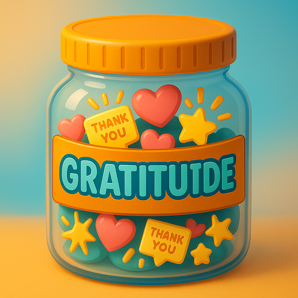 3D cartoon “Gratitude Jar” filled with thank-you notes, hearts, and golden rays, part of the Tiny Tales Land Gratitude Jar game.