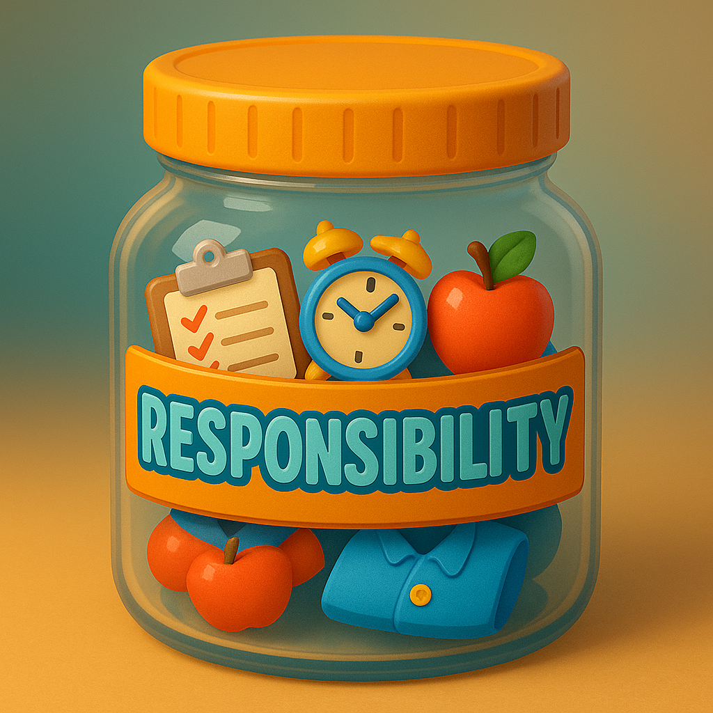 3D cartoon jar labeled &ldquo;Responsibility,&rdquo; filled with colorful shapes, bright child-friendly style.
