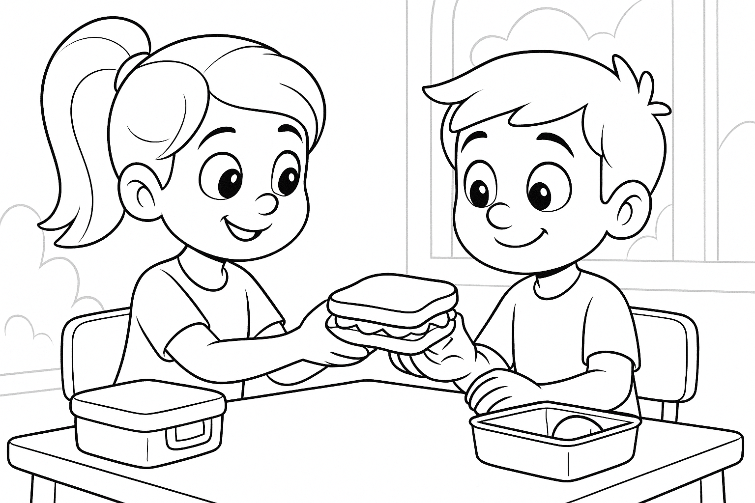 Line drawing of a girl handing a sandwich to a smiling boy across a lunch table in a sunny school cafeteria, designed as a printable colouring page for children.