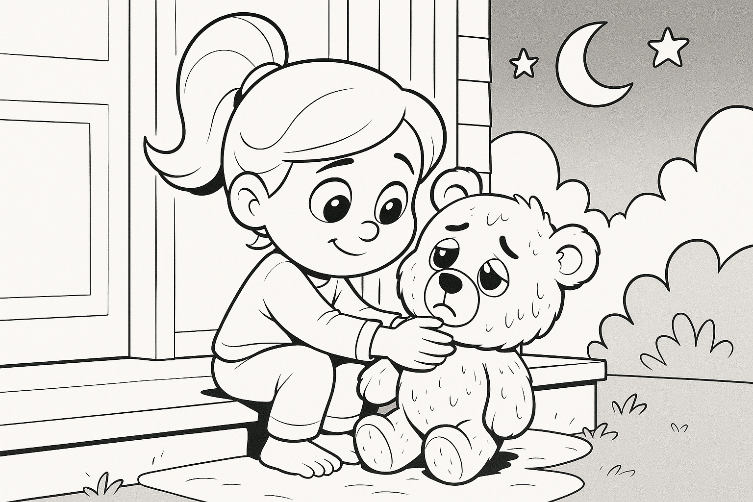 Line drawing of a young girl in pajamas hugging her teddy bear on a porch under a night sky with moon and stars, designed as a printable colouring page for children.
