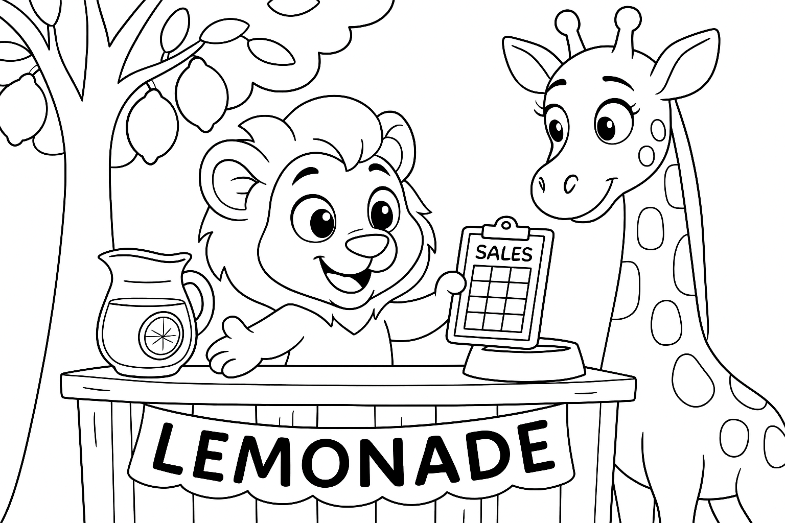 Line drawing of a smiling lion cub at a lemonade stand holding a sales sheet while a friendly giraffe looks on, designed as a printable colouring page for children.