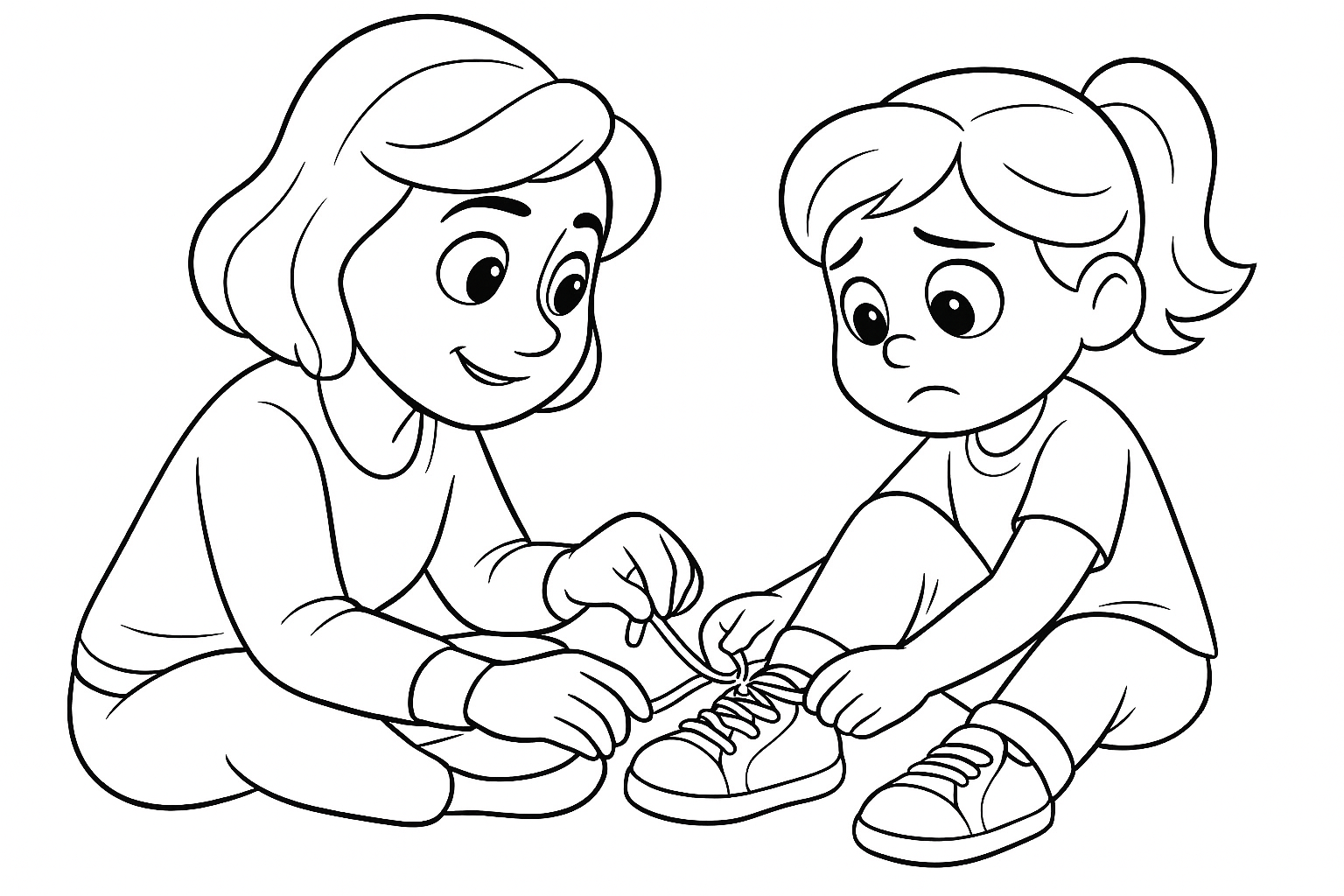 Line drawing of a mother kneeling beside her daughter, guiding her as she ties the laces on her sneaker, designed as a printable colouring page for children.