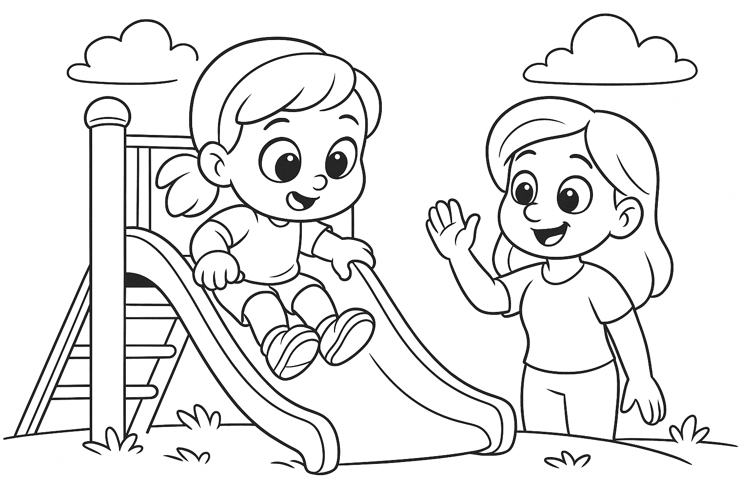 Line drawing of a smiling young girl sliding down a playground slide as her mother waves encouragement, designed as a printable colouring page for children.