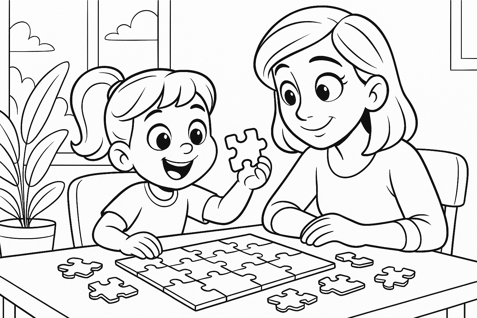 Line drawing of a smiling girl placing the final piece in a jigsaw puzzle as her mother watches proudly, designed as a printable colouring page for children.