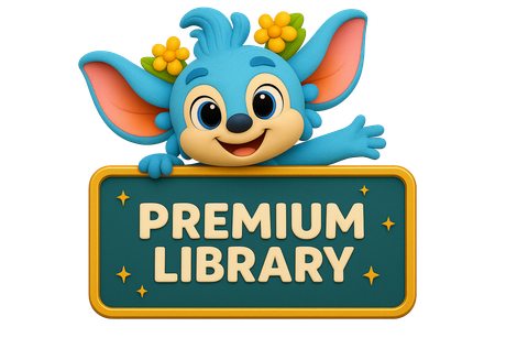 Blue cartoon creature with yellow flowers, smiling, holding 