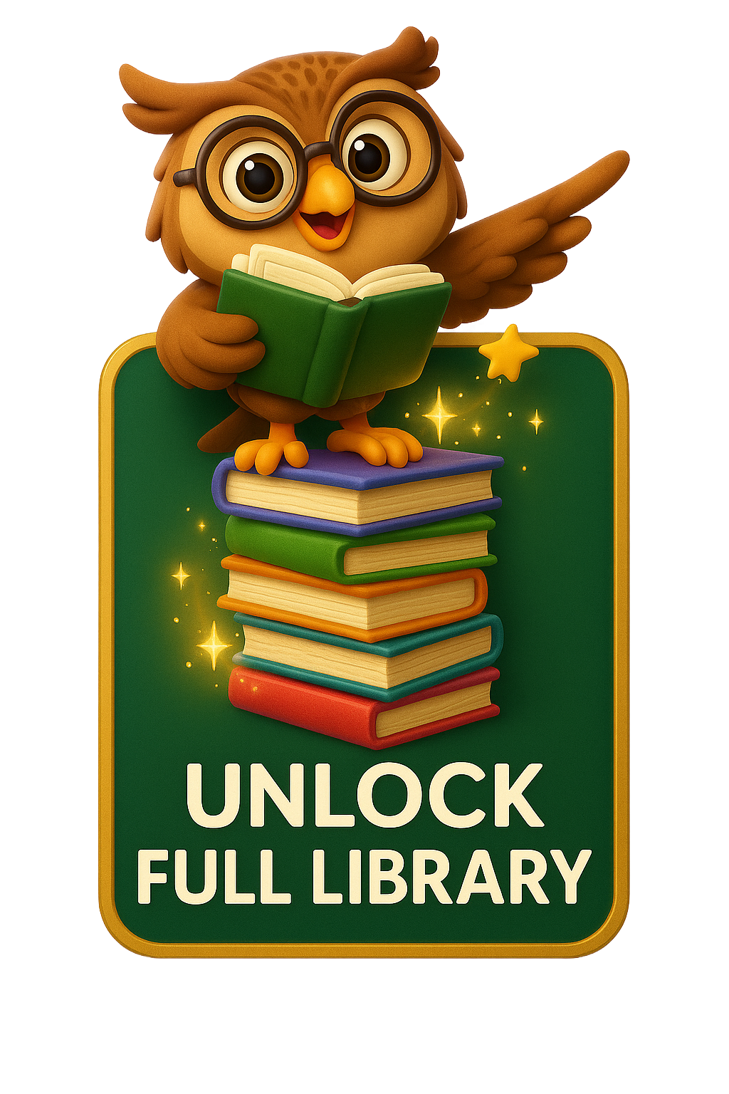 Cute owl wearing glasses, reading on a stack of books, with 
