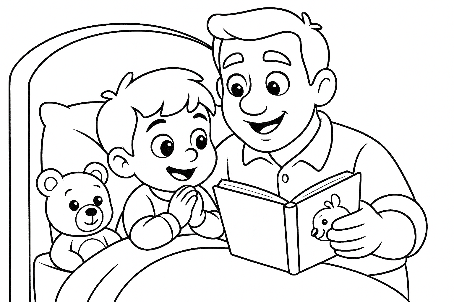 Line art of a father reading a bedtime story to his young son tucked in bed, designed as a printable colouring page for children.