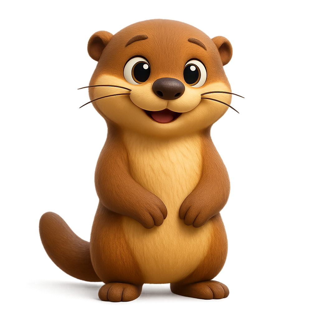 : Illustration of Coraline, a friendly otter sitting by a riverbank with smooth stones, smiling under the seaside sun.