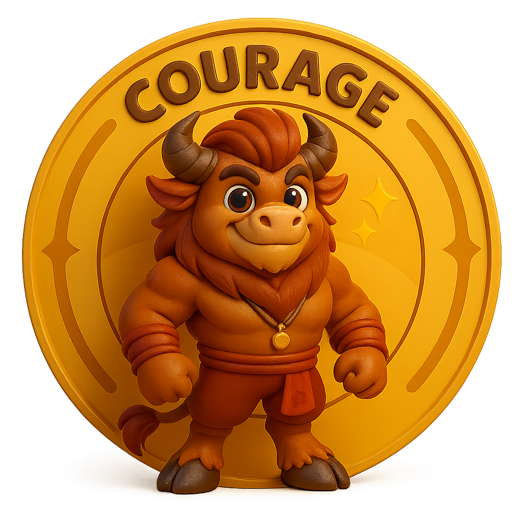 3D cartoon buffalo badge symbolizing courage for kids.