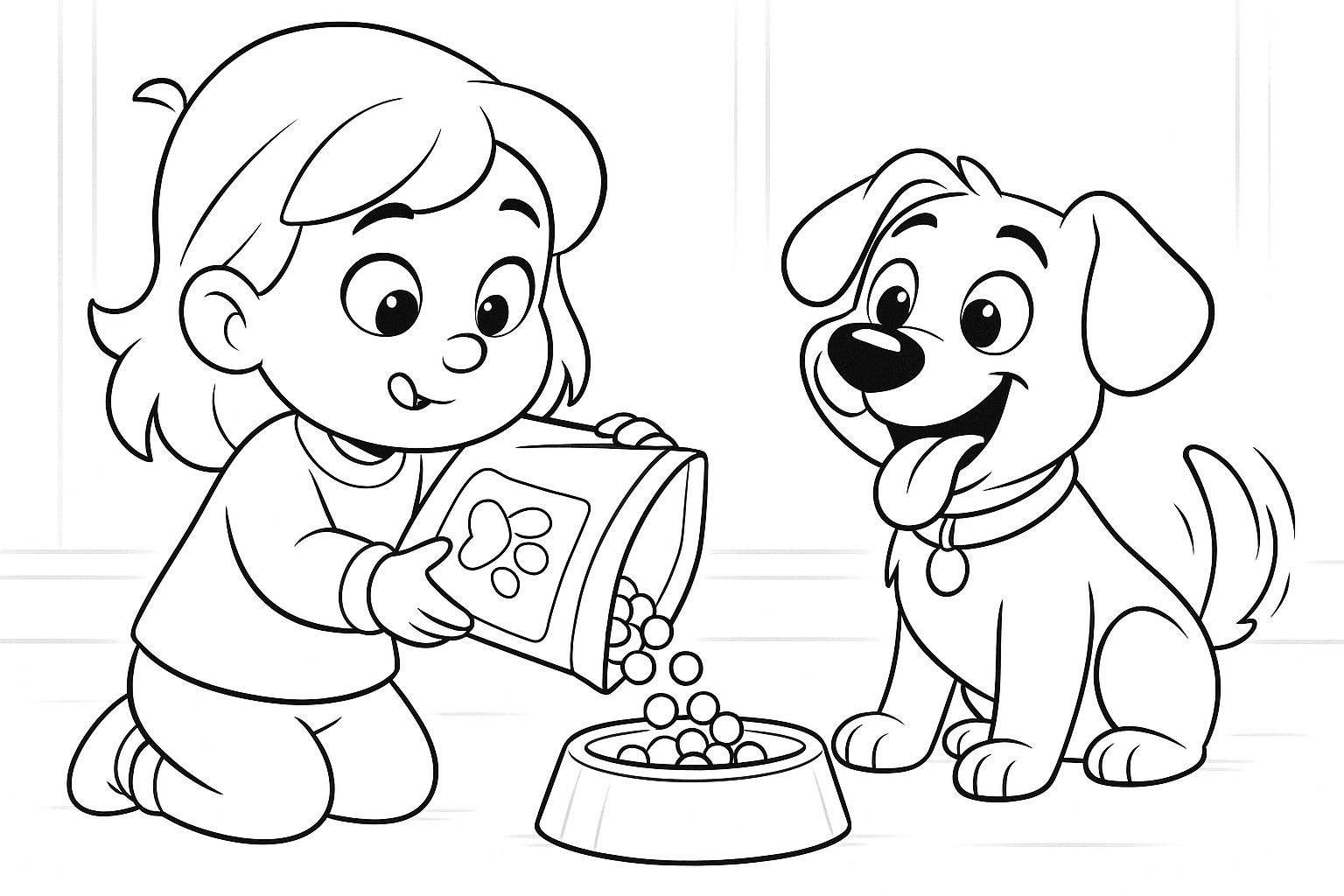 Line drawing of a young girl pouring dog food into a bowl while her excited puppy wags its tail, designed as a printable colouring page for children.