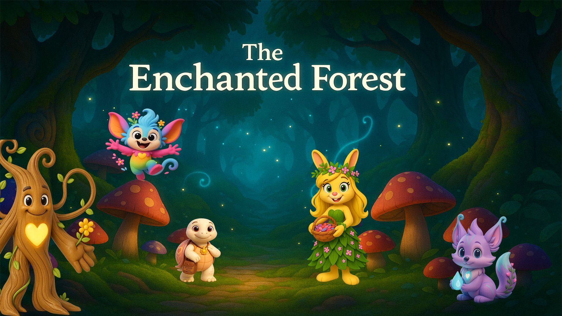 Magical forest glowing with sparkling lights and tall ancient trees