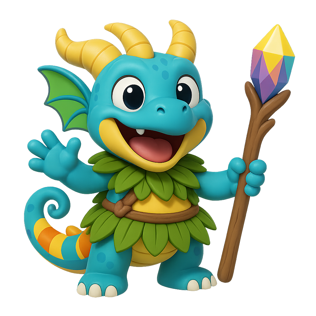Flexi the chameleon-dragon from Tiny Tales Land with glowing staff, symbol of adaptability in children’s fairy tales.