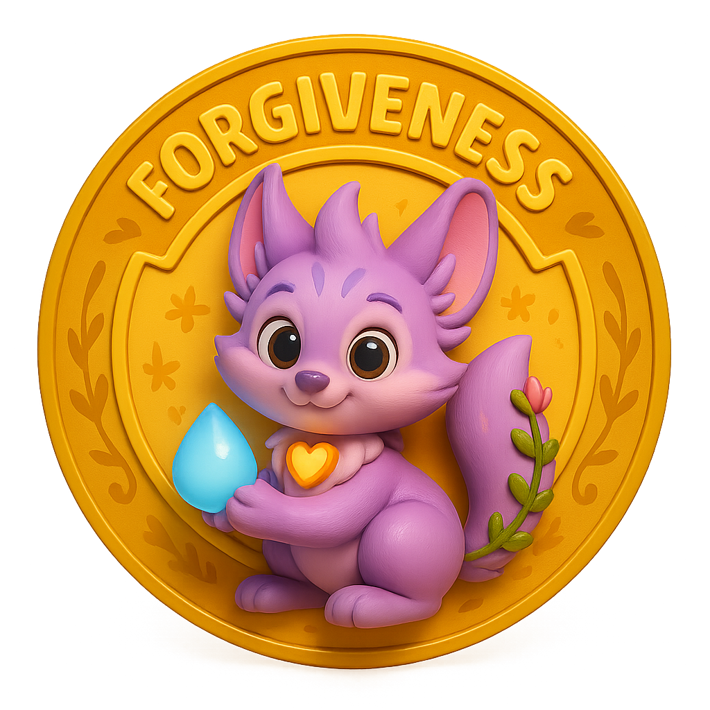 3D cartoon badge of a purple fox holding a glowing teardrop, symbolizing forgiveness.