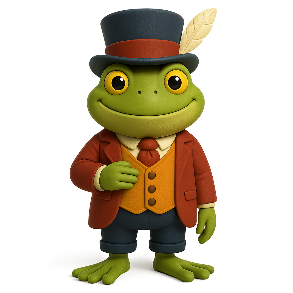 Illustration of Grandpa Frog, a mossy-green frog in a maroon coat, waistcoat, and top hat with a quill tucked inside.