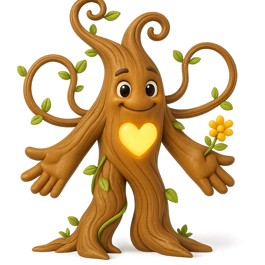 Heartroot the wooden tree-being with glowing heart, symbol of compassion in kids’ fairy tales.