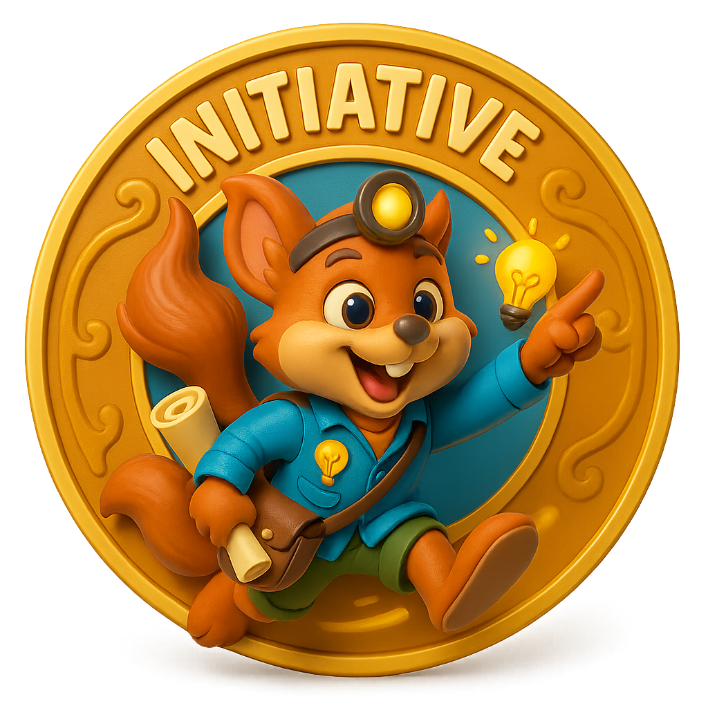 3D cartoon-style badge of a squirrel in a blue shirt with satchel, holding a scroll, pointing forward with a glowing lightbulb above its head, with the word “Initiative” above.