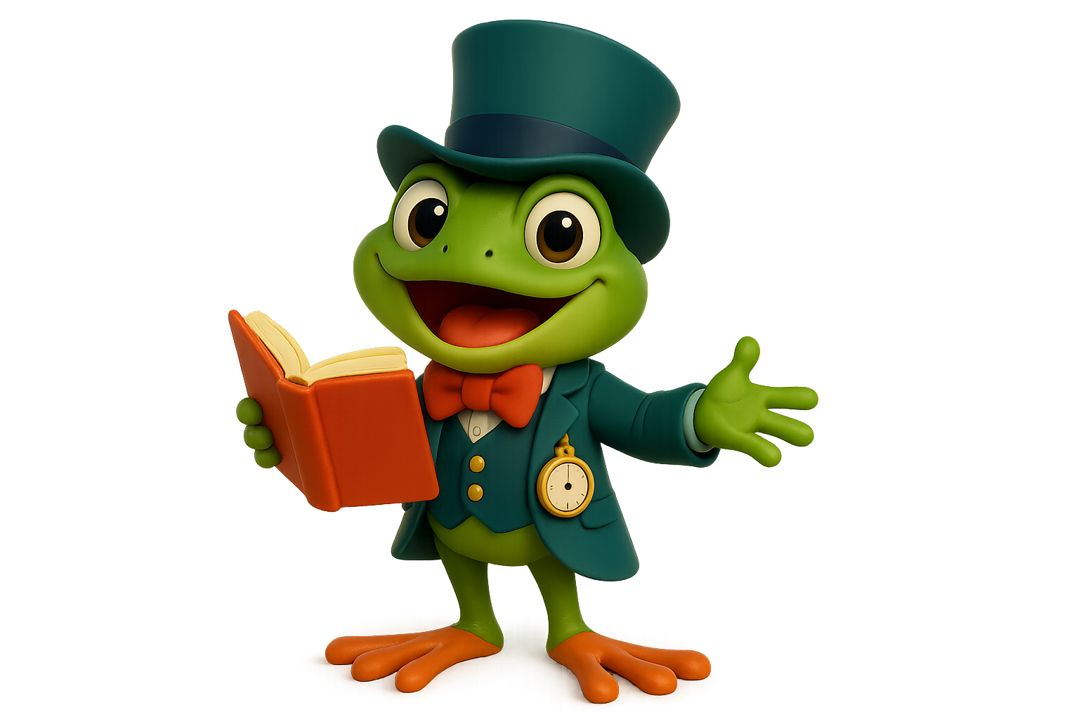 Junior the green frog with bow tie and pocket watch, symbol of respect in children’s fairy tales.