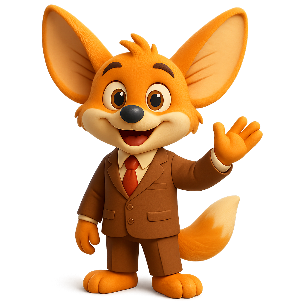 Illustration of Larry the Listener, an orange fox in a brown suit and red tie, with oversized ears and a cheerful wave.