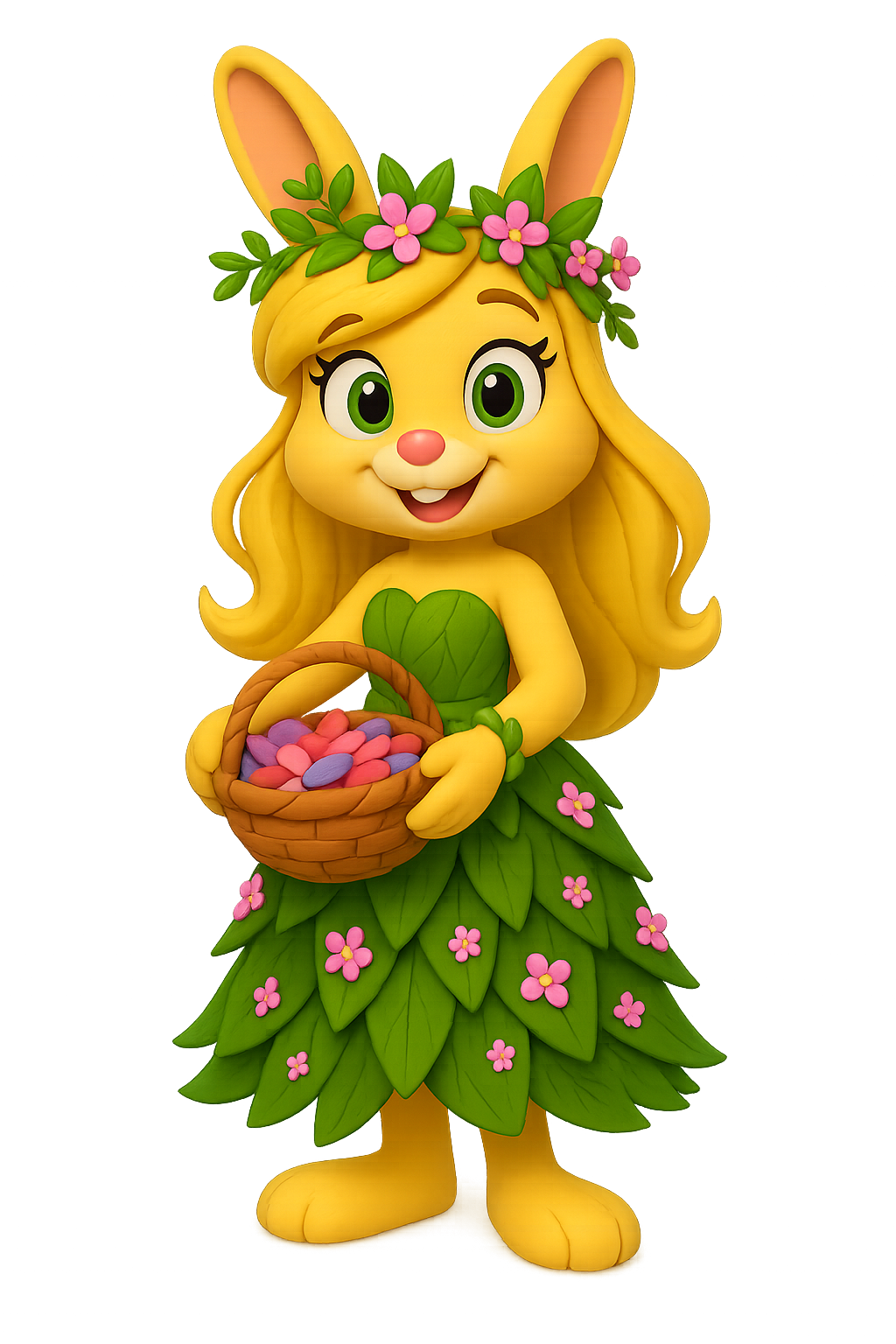 Leafy the rabbit with flower crown and leafy dress, symbol of kindness in children’s stories