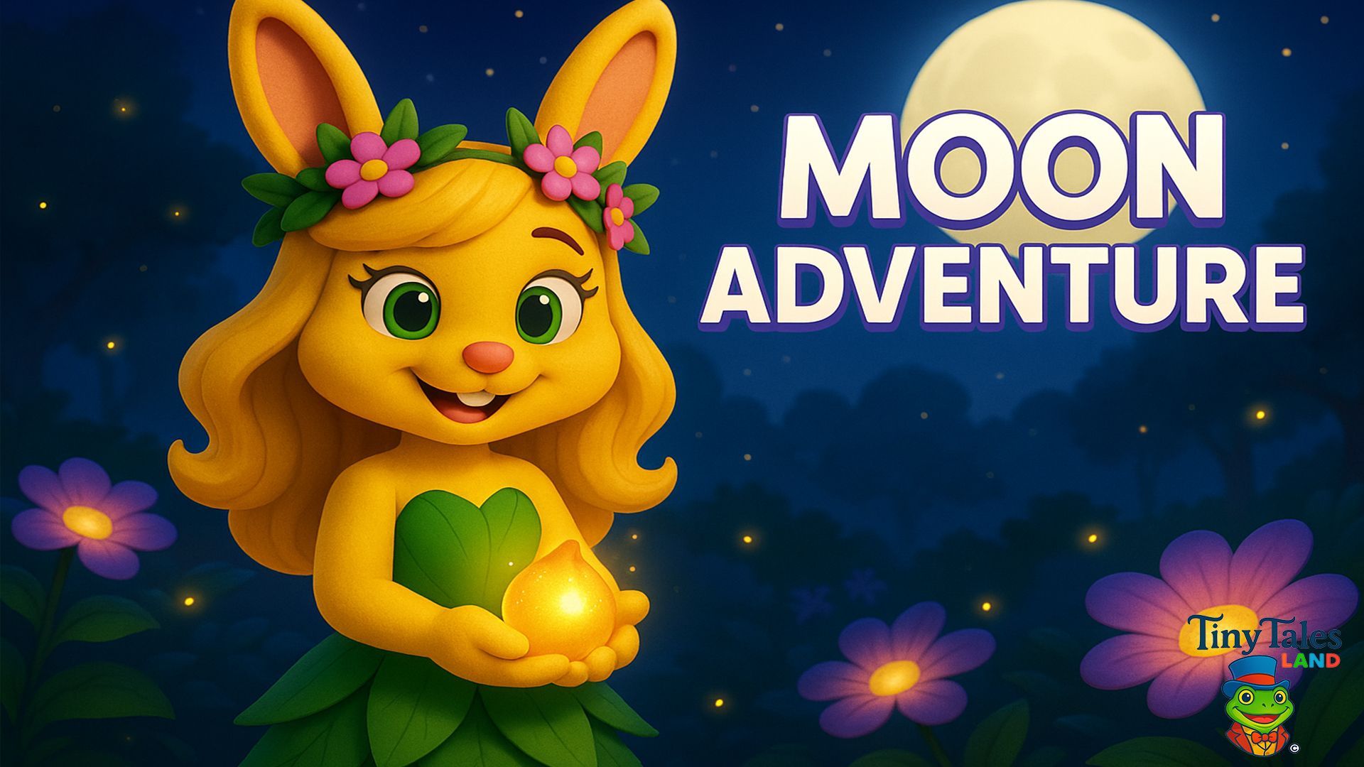Cute bunny character Leafy holds glowing orb under moonlight in magical bedtime sleep story for kids.